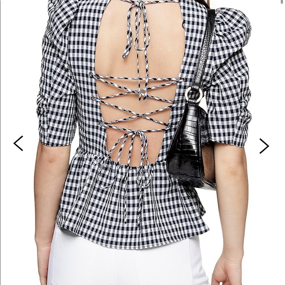 TOPSHOP Gingham Lace Up Puff Sleeve Blouse - Picture 2 of 5